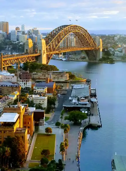 Sydney Harbour Bridge and waterfront view during sunset in Australia
